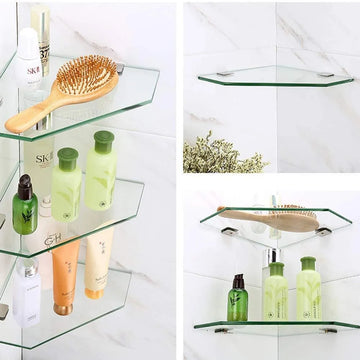 Wall Mounted Glass Bathroom Shelf Modern Shower Caddy Hotel Rack Corner Frame Toilet Diamond Shape Storage Basket Tripod Organiser Holder for Shampoo Glass corner shelve12x12inch